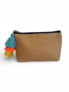 NWT Nordstrom Woven Raffia Clutch/Cosmetic Bag, Zipper Pouch Tassel pull